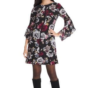 White House Black Market Black/Red/White Floral Bell Sleeve Mini Dress 2